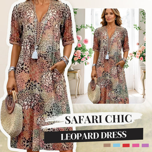 🔥 Letzter Tag! 50% Rabatt Damen Leopard Midikleid mit V-Ausschnitt 🐆 Lässiger Safari-Chic mit Taschen für Alltag & Freizeit