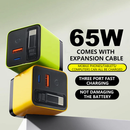 ✨⚡3-in-1-GaN-Ladegerät, 65W-Schnellladegerät für Smartphones mit Typ-C-Kabel und 2 USB-Anschlüssen