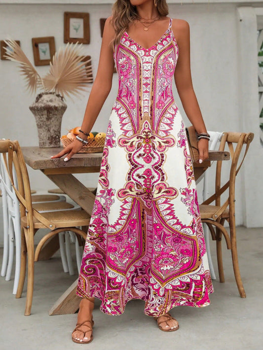 🔥Solange der Vorrat reicht 40 % Rabatt!🎉Retro-Print Maxikleid für Damen – Trägerlos mit V-Ausschnitt, Fließender Stoff & Perfekt für besondere Anlässe ✨