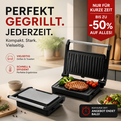 Elektrische Sandwichpresse und Panini-Grill mit 180-Grad-Flachgrill