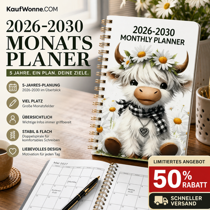 🐮 5‑Jahres Planungsbuch 2026‑2030｜Süßer Hochlandrind‑Monatsplaner für deine Lebensziele