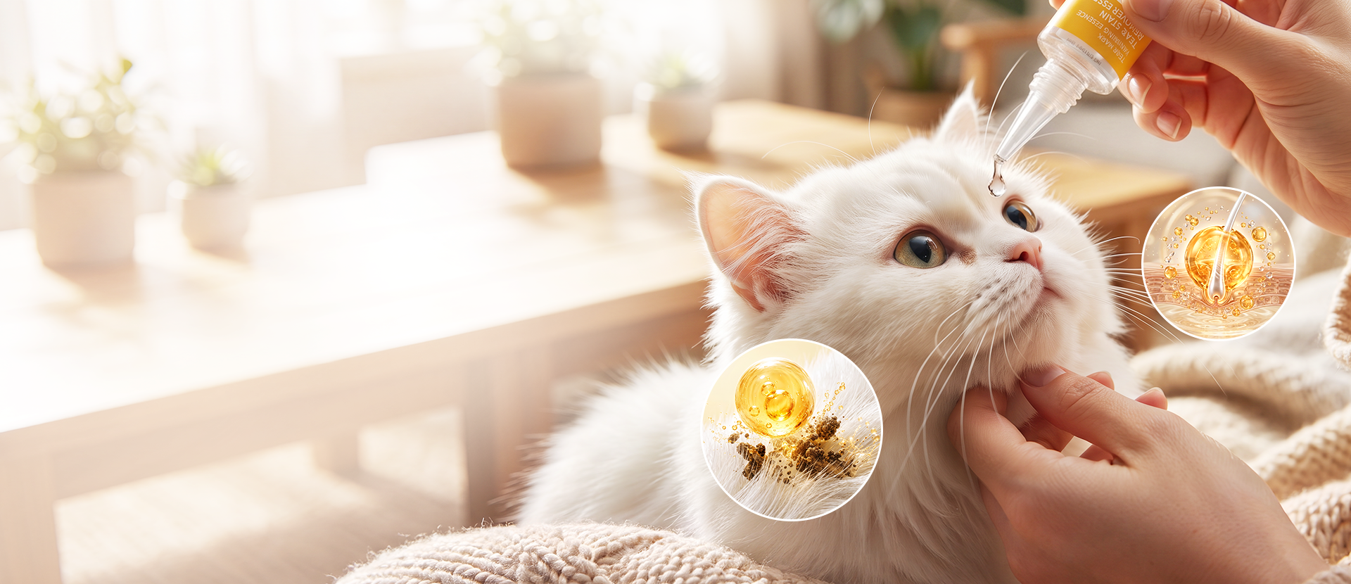 Applying deep-cleansing tear stain serum to a cat