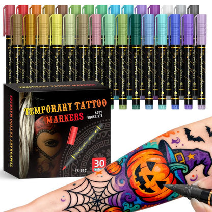 🎃Kosmetik-Tattoo-Marker für die Haut, 10/15/30 leuchtende Farben, flexible Pinselspitze, 30 Farben + 12 Schablonen, hohe Detailgenauigkeit, Gesichts-Make-up für Halloween, ungiftig, Bürobedarf