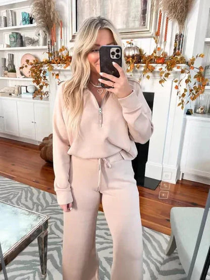 💝🔥50 % Rabatt!🔥Damen-Loungeset aus 2 Teilen mit Oversize-Schnitt, halbem Reißverschluss und weitem Bein