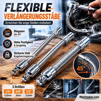 🛠️  Elektroschrauberhülse Universal Flexible Federstahl-Verlängerung – 45° biegsam, Kugelarretierung, für 1/4, 3/8 & 1/2 Antrieb