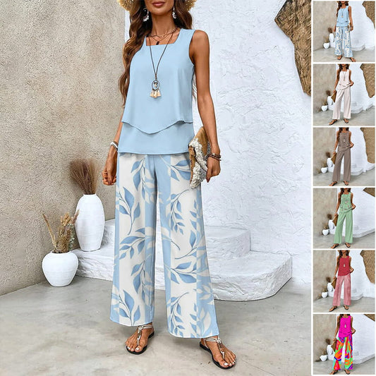 ⏳Begrenzte Zeit 50% Rabatt💥Modische Zweiteilige Damen-Outfits mit bedrucktem ärmellosen Oberteil & Hose
