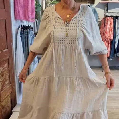 ⏳Begrenzte Zeit 50% Rabatt💥Mehrlagiges, einfarbiges, langes Kleid mit V-Ausschnitt und halben Ärmeln für Damen