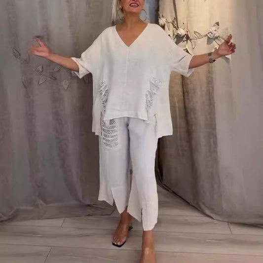 ⏳Begrenzte Zeit 50% Rabatt💥2-teiliges Set aus Baumwollleinen mit V-Ausschnitt für Damen