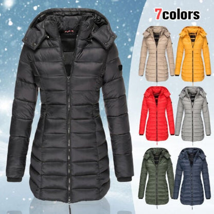 Mittellange wattierte Winterjacke für Frauen, einfarbige, warme Kapuzenjacke