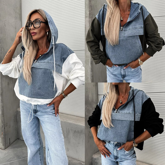 Layered Hoodie Denim Jacket mit Kordelzug für Damen