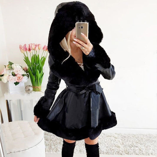 Women's Hooded Patchwork Lapel Warm Jacket