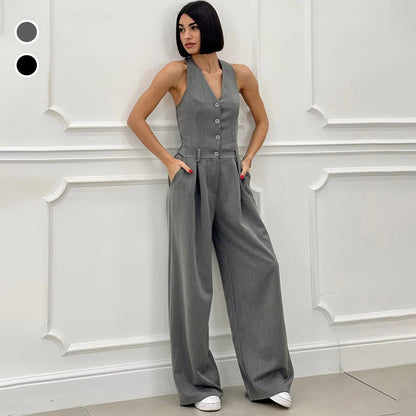 ⏳Begrenzte Zeit 50% Rabatt💥Ärmlös Jumpsuit med Breda Ben och Knäppning för Kvinnor