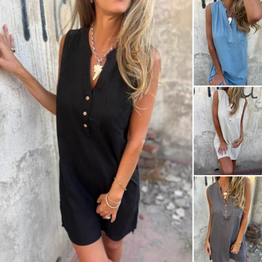 ⏳Begrenzte Zeit 50% Rabatt💥Ärmelloses Kleid mit Knopfleiste und V-Ausschnitt für Damen
