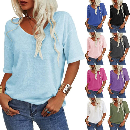 ⏳Begrenzte Zeit 50% Rabatt💥Einfarbiges T-Shirt mit V-Ausschnitt für Damen [Im Angebot und schneller Versand!]