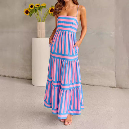 ⏳Begrenzte Zeit 50% Rabatt💥Gestreiftes Maxikleid mit Colorblock und schmalen Trägern