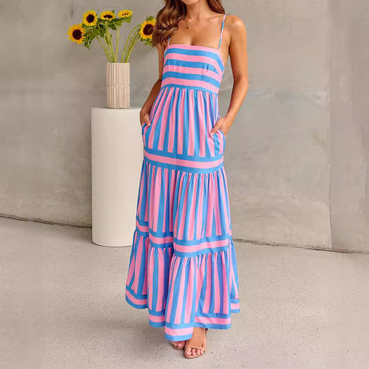 ⏳Begrenzte Zeit 50% Rabatt💥Gestreiftes Maxikleid mit Colorblock und schmalen Trägern