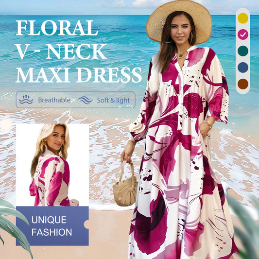 ⏳Begrenzte Zeit 50% Rabatt💥🌞Maxikleid mit V-Ausschnitt und Blumenmuster für Damen