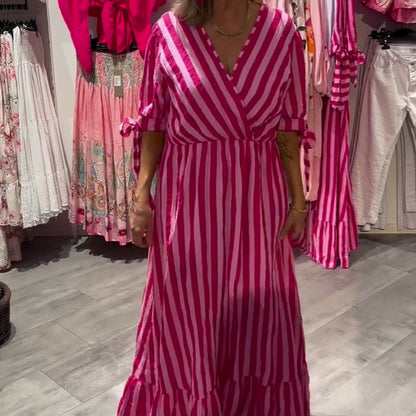 ⏳Begrenzte Zeit 50% Rabatt💥💞Lässiges gestreiftes Kleid für Damen mit V-Ausschnitt