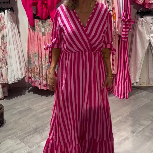 ⏳Begrenzte Zeit 50% Rabatt💥💞Lässiges gestreiftes Kleid für Damen mit V-Ausschnitt