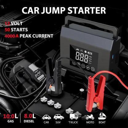 💘 Valentinstagsangebot: 50% Rabatt! 🚗Tragbarer 2-in-1 Autostarthilfe & Kompressor – 4000A Spitzenstrom & 150 PSI Schnellaufpumpen!