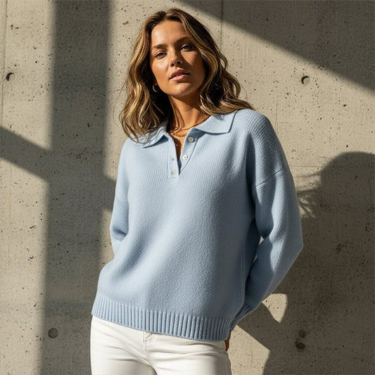 Damen-Strickpullover mit Kragen und Knöpfen, weich und gestrickt