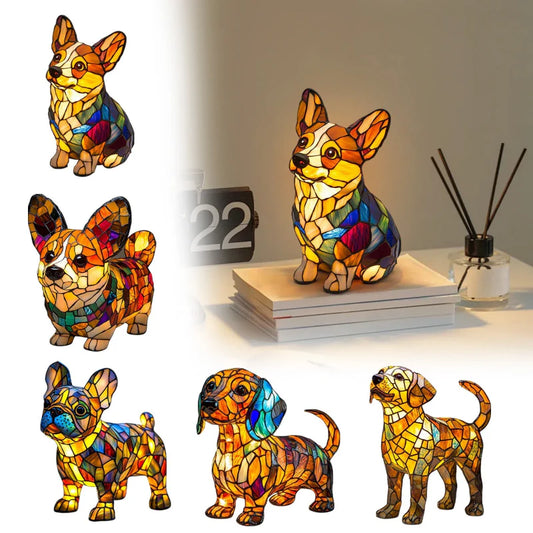 LED-Tischlampe mit farblich abgesetzter Welpenstatue.