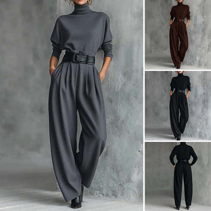 Eleganter Damen-Zweiteiler: Rollkragen-Shirt & Hose mit hohem Bund