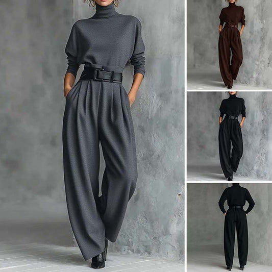 Eleganter Damen-Zweiteiler: Rollkragen-Shirt & Hose mit hohem Bund