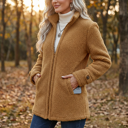 Damen-Plüschjacke mit Stehkragen und Taschen