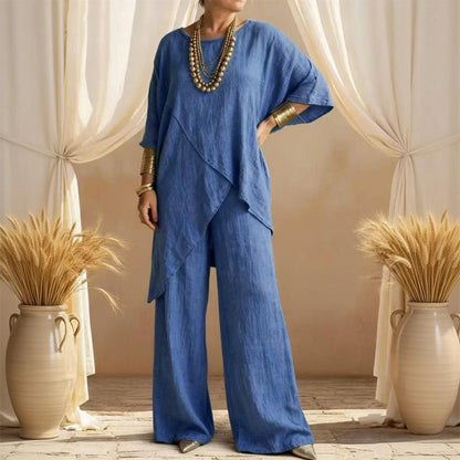 Zweiteiliges Damen-Outfit mit lockerer Passform und asymmetrischem Oberteil