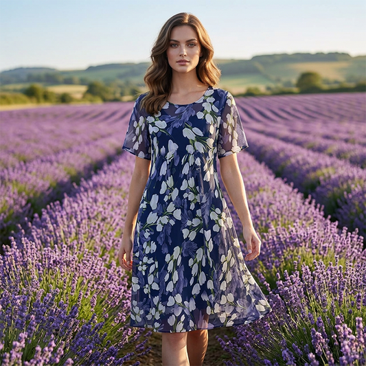 💎 50% DE RÉDUCTION ! 💎 Robe de Soirée Trapèze à Manches Courtes – Imprimé Floral Élégant, Double Couche en Mousseline & Coupe Flatteuse au Genou 👗💙
