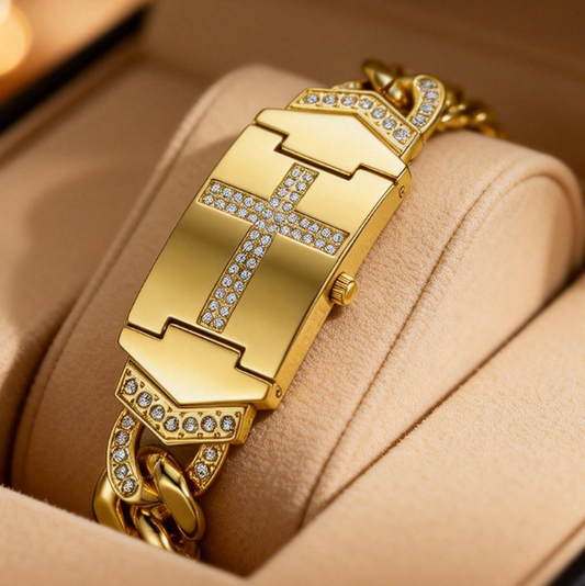 🎁2026 Neuheiten💥Funkelnde Kristall-Kreuz-Uhr – geometrisches rechteckiges Zifferblatt, hochwertiges Metallarmband💎