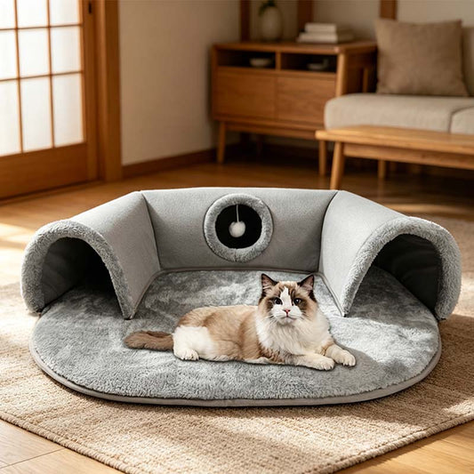 🐱🛤️ 50% RABATT! Plüsch-Katzenbett mit Tunnel – 2-in-1 Katzenhaus zum Kuscheln, Spielen & Verstecken 🏠