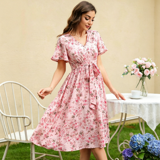 Damenkleid mit Print, Schnürung an der Taille und Rüschenärmeln