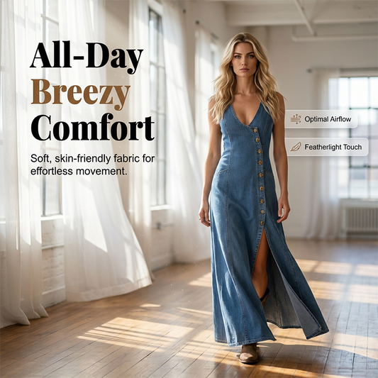 👗 Ärmelloses Maxikleid aus Denim mit V-Ausschnitt und Knopfleiste – lässiger Look, figurschmeichelnd & vielseitig – perfekt für Alltag, Strand & Freizeit