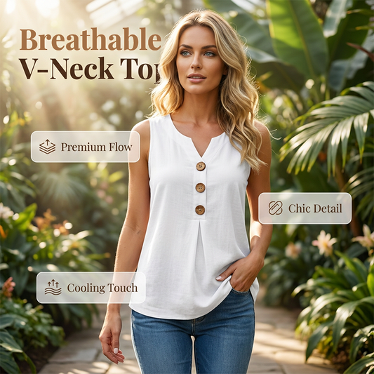 👚🌿 Leichtes ärmelloses V-Ausschnitt-Top mit Falten und Knöpfen