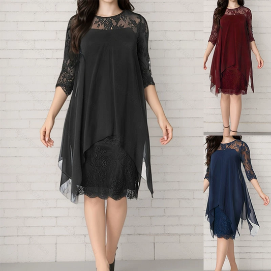 💕Elegantes Damenkleid mit asymmetrischem Saum und Spitzenbesatz