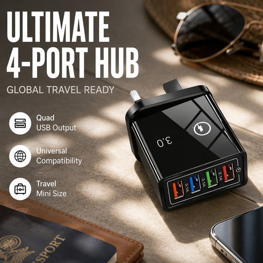 🔌4-Port QC 3.0 Schnellladegerät – 4 Geräte gleichzeitig laden – 4 Stecker-Alternativen – Sicherheitsschutz – Kompaktes Design – Für Reise & Zuhause 🌍✨🛡️