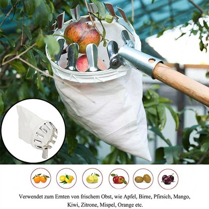 🍎Blitzangebot! Obstpflücker mit Auffangkorb – Pflückkopf aus verzinktem Eisen, Stoffbeutel – mit oder ohne Teleskopstiel (1,6–4,0 m) – Pflücken vom Boden aus! ✨