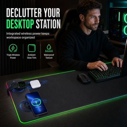 Großes RGB-Gaming-Mauspad mit 3-in-1-Funktion: Kabellose, schmutzabweisende Tastatur-Schreibtischunterlage (800 x 300 x 4 mm)